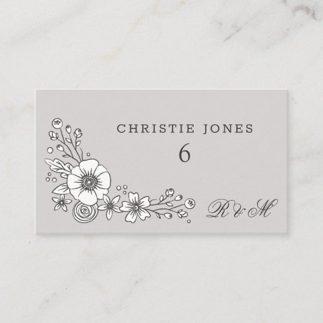 Vintage Blooms Floral Wedding Place Card - Gray (Front)