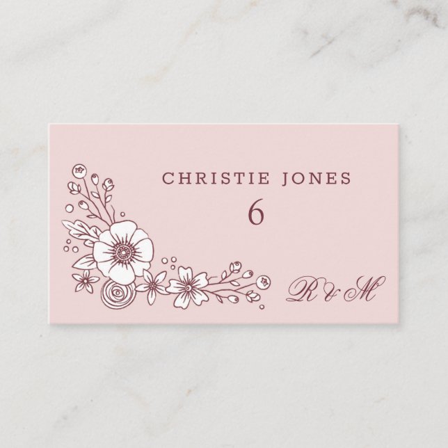 Vintage Blooms Floral Wedding Place Card - Pink (Front)