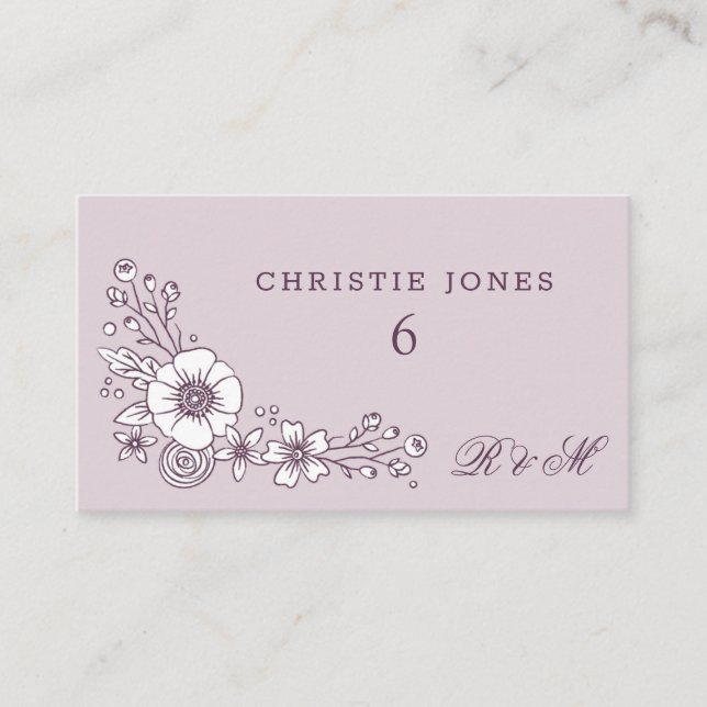 Vintage Blooms Floral Wedding Place Card - Purple (Front)