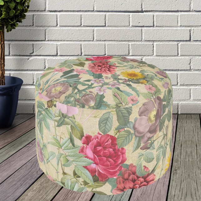 Vintage Blossom Garden Collage Round Pouf (Vintage Floral Garden Pattern)