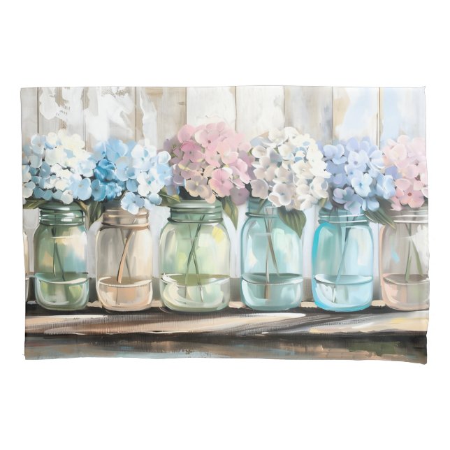 Vintage Blossom Hydrangea Mason Jars Pillow Case (Front)