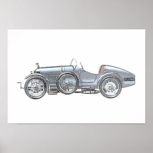 Vintage Blue 1921 Amilcar Racecar Pencil Drawing Poster