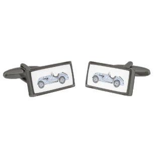 Vintage Blue 1936 BMW 328 Racecar Illustration Gunmetal Finish Cufflinks