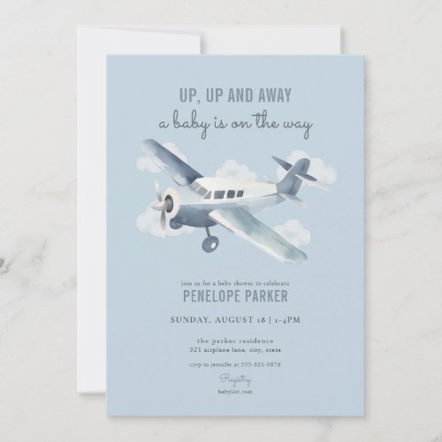 Vintage Blue Airplane Baby Shower Invitation