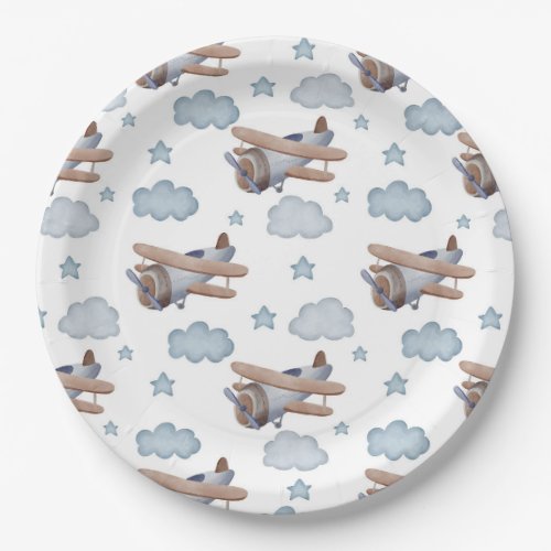 Vintage Blue Airplane Pilot Birthday Party Paper Plates