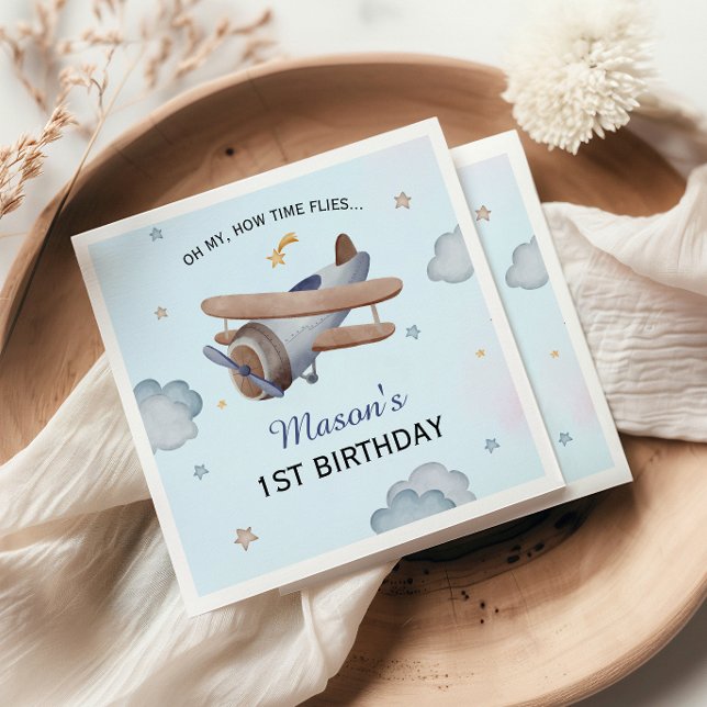 Vintage Blue Airplane Sky 1st Birthday Party Napkins (Creator Uploaded)