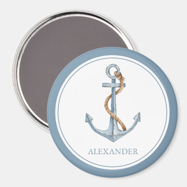 Vintage Blue Anchor With Rope Personalized Magnet (Front/Back)