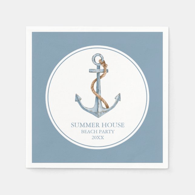 Vintage Blue Anchor With Rope Personalized Napkins (Front)