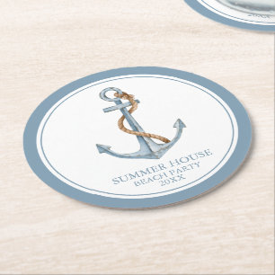 Vintage Blue Anchor With Rope Personalized Round Paper Coaster