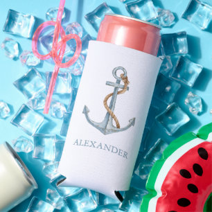 Vintage Blue Anchor With Rope Personalized Seltzer Can Cooler
