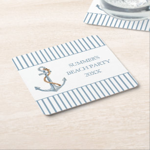 Vintage Blue Anchor With Rope Personalized Square Paper Coaster