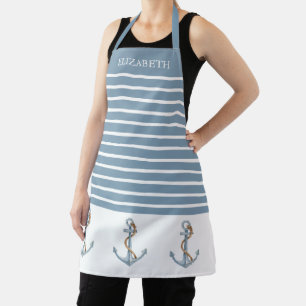 Vintage Blue Anchors on Stripes Personalized Apron