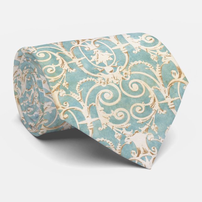 Vintage Blue and Beige Damask Pattern Neck Tie (Rolled)