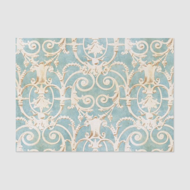 Vintage Blue and Beige Damask Pattern Tissue Paper (Front)