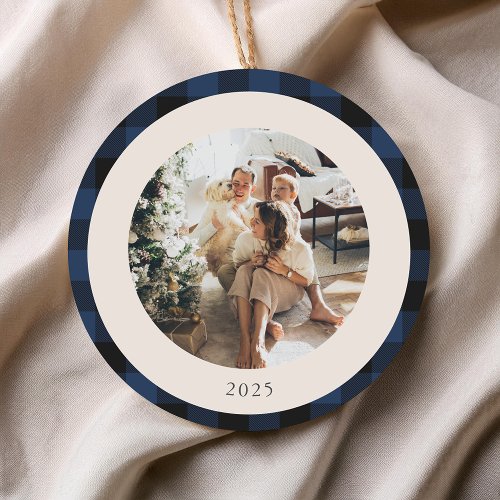 Vintage Blue and Black Buffalo Plaid Custom Photo Ceramic Ornament