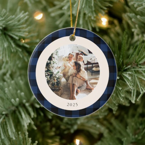 Vintage Blue and Black Buffalo Plaid Custom Photo Ceramic Ornament