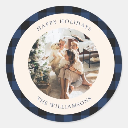 Vintage Blue and Black Buffalo Plaid Custom Photo Classic Round Sticker