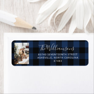 Vintage Blue and Black Buffalo Plaid Custom Photo Label