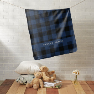 Vintage Blue and Black Buffalo Plaid Personalized Baby Blanket