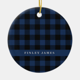 Vintage Blue and Black Buffalo Plaid Personalized  Ceramic Ornament