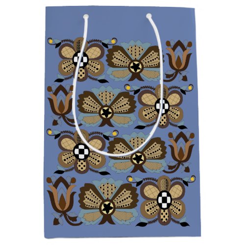 Vintage Blue and brown Estonian floral folk art Medium Gift Bag