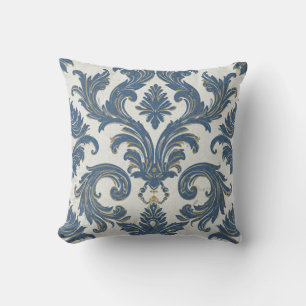 Vintage Blue and Gold Baroque Damask Throw Pillow