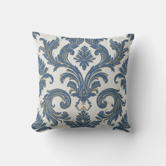 Vintage Blue and Gold Baroque Damask Throw Pillow (Front)