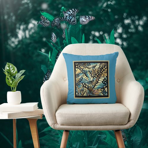 Vintage Blue and Gold Butterfly Collage on Teal Throw Pillow