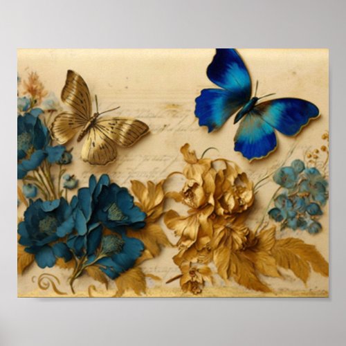 Vintage Blue and Gold Butterfly Decoupage Tissue P Poster