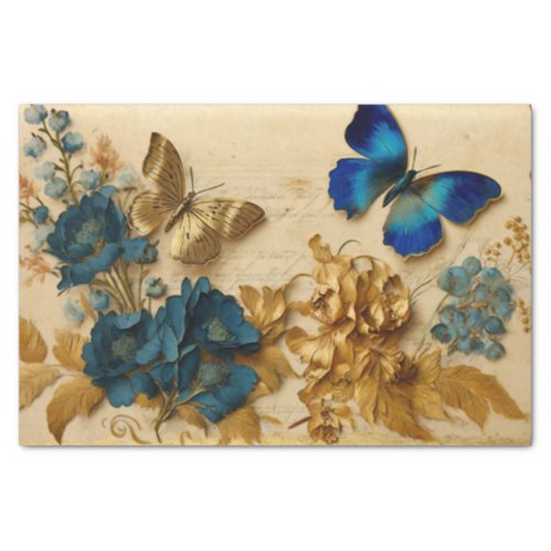 Vintage Blue and Gold Butterfly Decoupage Tissue Paper