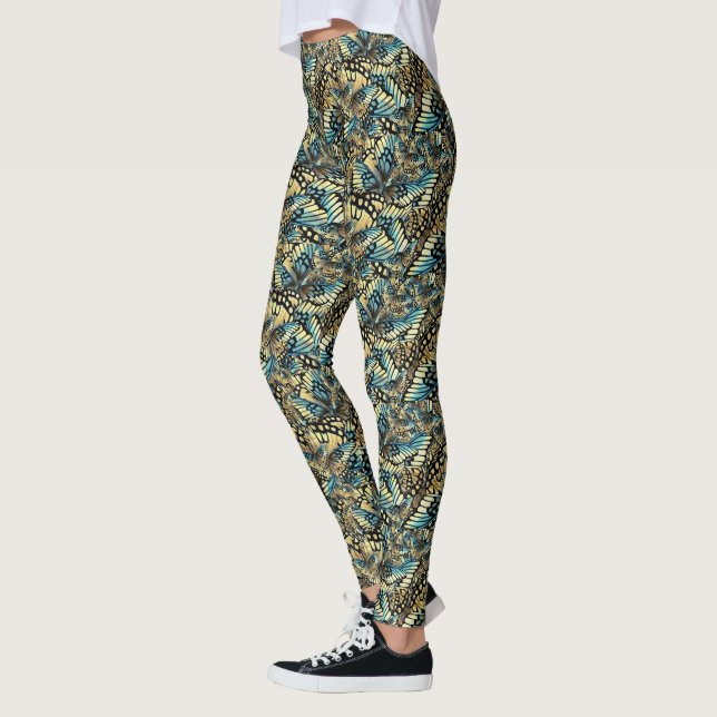 Vintage Blue and Gold Butterfly Wing Collage Leggings (Left)