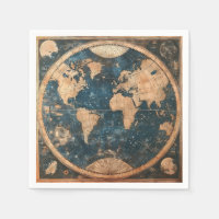 Vintage Blue and Gold Double Hemisphere World Map