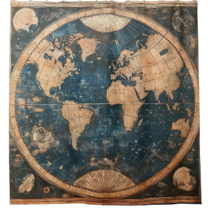 Vintage Blue and Gold Double Hemisphere World Map Shower Curtain