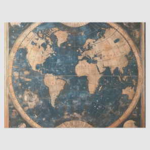 Vintage Blue and Gold Double Hemisphere World Map Tissue Paper
