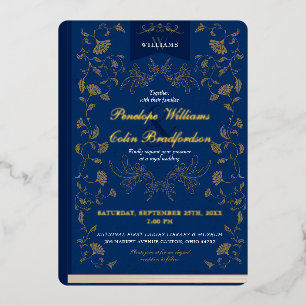 Vintage Blue and Gold Floral Book Cover Wedding Foil Invitation