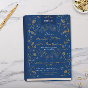 Vintage Blue and Gold Floral Book Cover Wedding Invitation