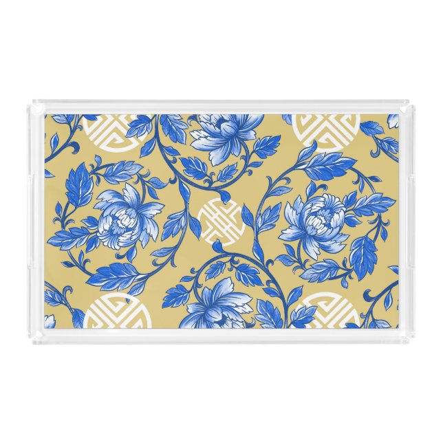 Vintage Blue and Gold Floral Chinoiserie Acrylic Tray (Front)