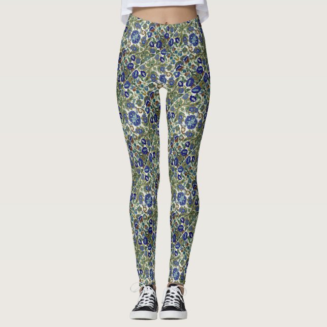 Vintage Blue and Gold Floral Pattern  Leggings (Front)