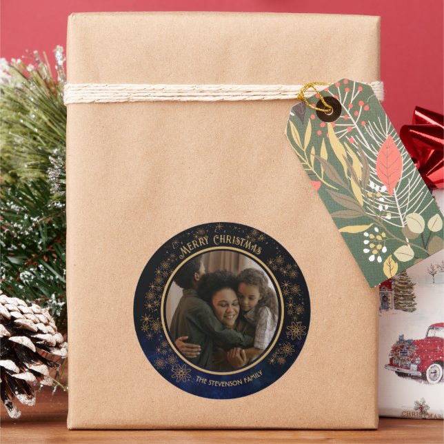 Vintage Blue and Gold Snowflakes Christmas Photo Classic Round Sticker (Holiday)