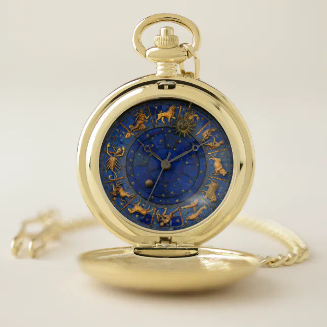 Vintage blue and gold zodiac astrology celestial pocket watch Zazzle