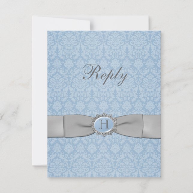 Vintage Blue and Gray Damask Reply Card (Front)