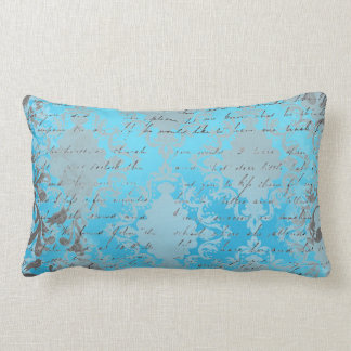 Vintage Blue and Gray Damask with Writing Lumbar Pillow