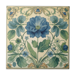 Vintage Blue And Green Art Nouveau Floral Ceramic Tile