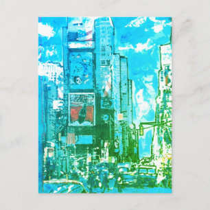 Vintage Blue and Green Watercolor Times Square NY Postcard