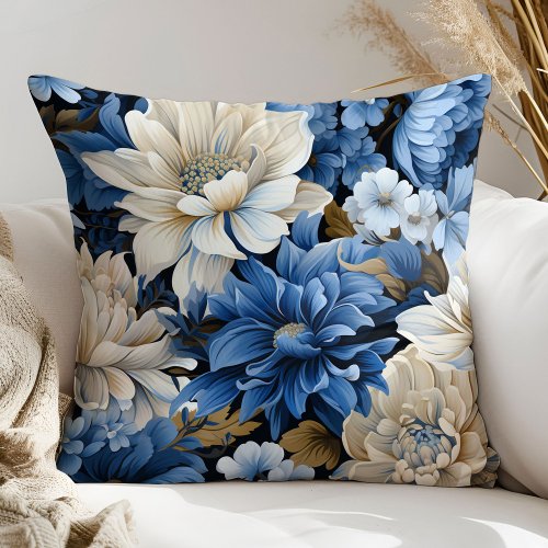 Vintage Blue and Ivory Flowers Decorative Pillow