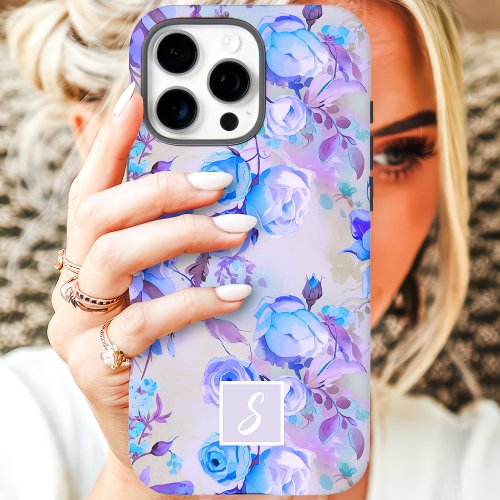 Custom Phone Cases 17 Vintage Blue And Lavender Floral Monogram Iphone 16 Pro Max Case
