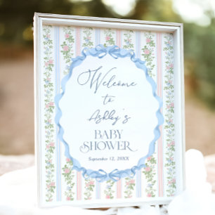 Vintage Blue and Pink Floral Baby Shower Welcome Poster