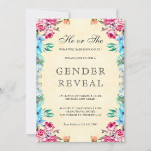 Vintage Blue and Pink Floral Gender Reveal Party Invitation