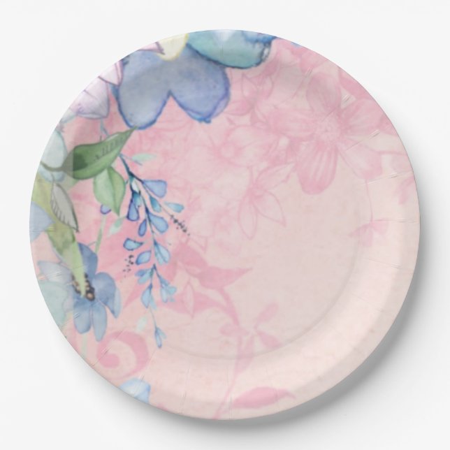 Vintage Blue and Pink Floral Paper Plates (Front)