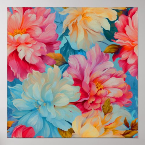 Vintage Blue And Pink Flowers Poster